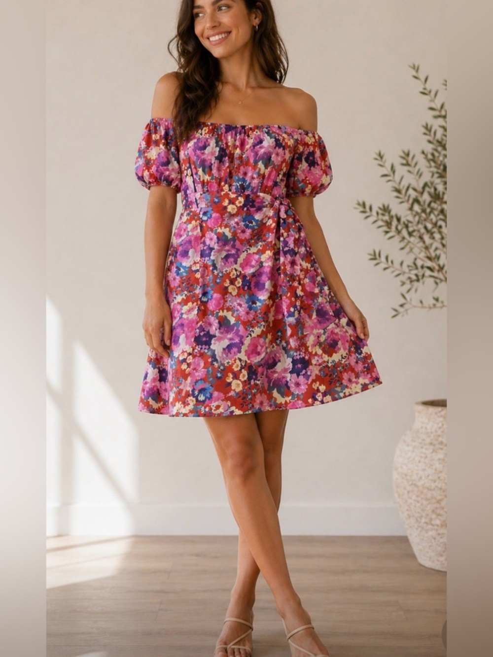 Kittenish Floral Off-Shoulder Puff Sleeve Mini Dress - Size Large